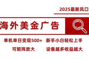 最新海外广告美金，全自动挂机，单机单日500+，可矩阵放大，新手小白轻松上手
