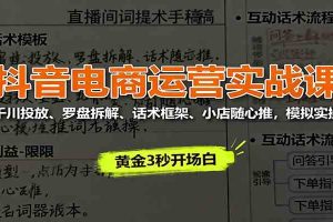 抖音电商运营实战课：千川投放、罗盘拆解、话术框架、小店随心推，模拟实操