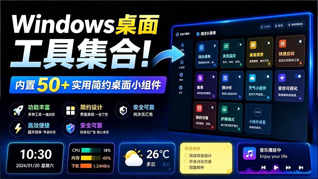 (19585期)Windows桌面工具集合!内置50+实用简约桌面小组件,含截图、录屏、翻译、天气等,多秘工具箱