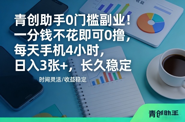 青创助手0门槛副业！一分钱不花即可0撸，每天手机4小时，日入3张+，长久稳定【揭秘】